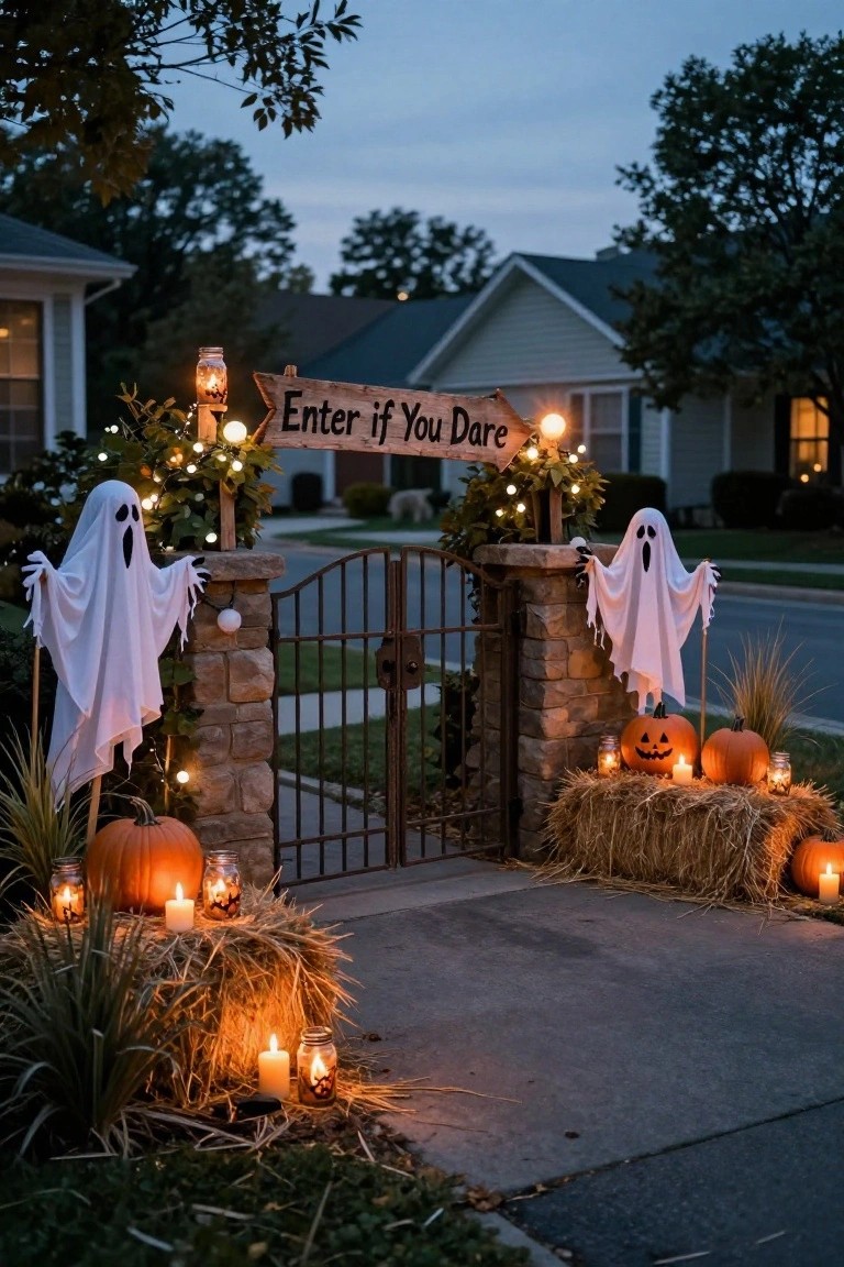 Spooky Halloween entrance with ghost figures, pumpkins, and glowing lights on gate.