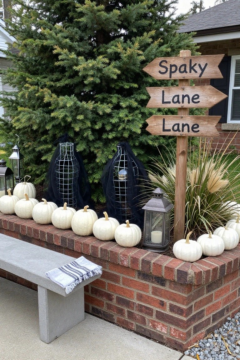 Wooden signpost with three stacked arrow signs reading "Spooky," "Lane," and "Lane," positioned near a brick wall ledge lined with white pumpkins, a concrete bench with a draped towel, lanterns, black fabric over wire frames, ornamental grasses, and evergreen trees in a front yard setting.