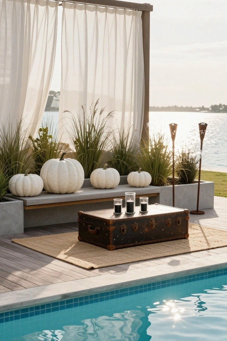 Outdoor poolside vignette with large white pumpkins on a concrete bench, pampas grass in rectangular planters, black candles in glass holders on a vintage trunk, metal torches, sheer white curtains on a wooden frame, and a blue-tiled pool with lake view in the background.