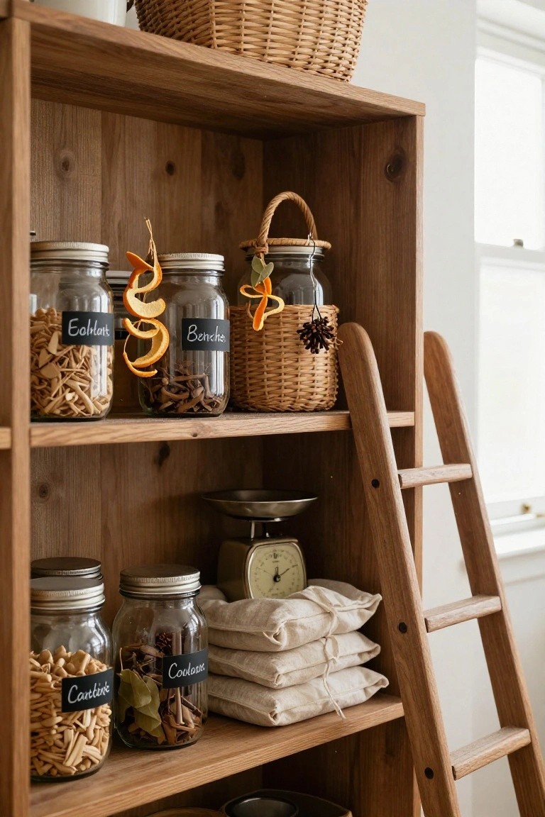 Wooden ladder shelving unit stocked with labeled glass jars of dried almonds, orange slices, mushrooms, cinnamon sticks, cardamom pods, and bay leaves, plus woven baskets and a vintage scale.