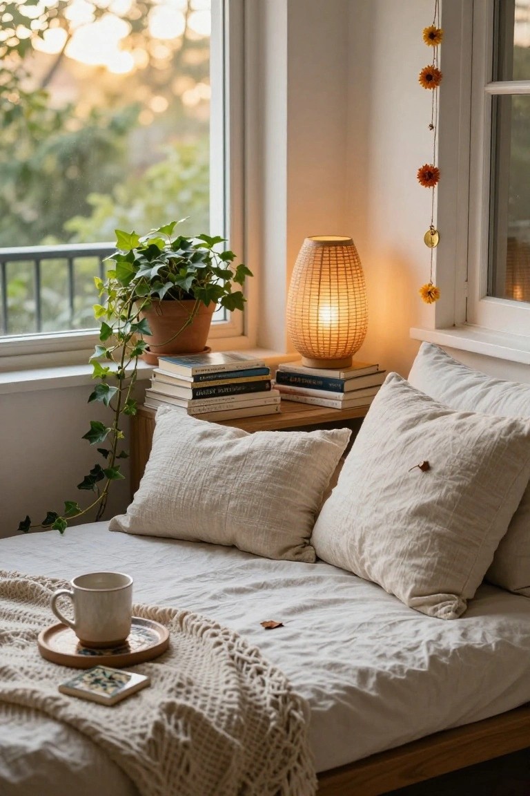 Cozy bedroom corner featuring a low bed with white linens and pillows, wooden side table stacked with books, ivy plant in terracotta pot, rattan lamp, hanging string of dried sunflowers by the window, and a teacup on a saucer on the bed.