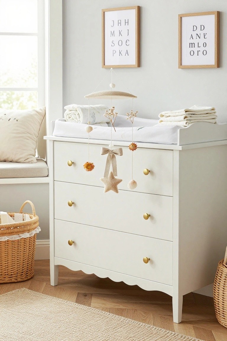 White wooden dresser with gold knobs used as a changing table in a nursery, featuring hanging dried flowers, stars, shells, and a mobile above the white changing pad, with wicker baskets nearby and letter art on beige walls.