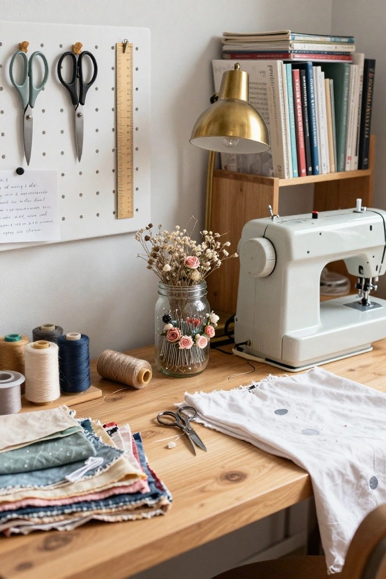 Wooden desk in a sewing workspace holding fabric stacks, thread spools, scissors, and a glass jar of dried flowers with pins stuck in them, next to a white sewing machine and pegboard wall.
