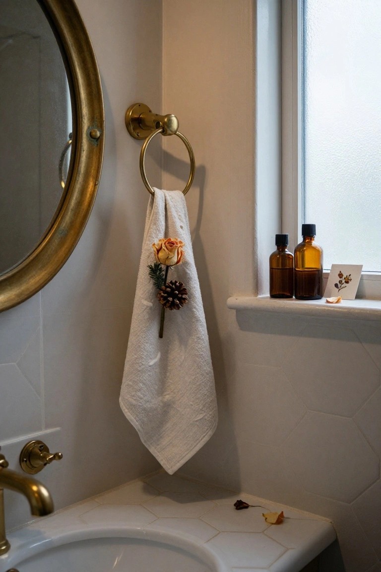 White hand towel decorated with dried orange rose, fir sprig, and pinecone hangs from brass towel ring next to gold-framed mirror and sink in white-tiled bathroom, with two amber glass bottles and card on windowsill.