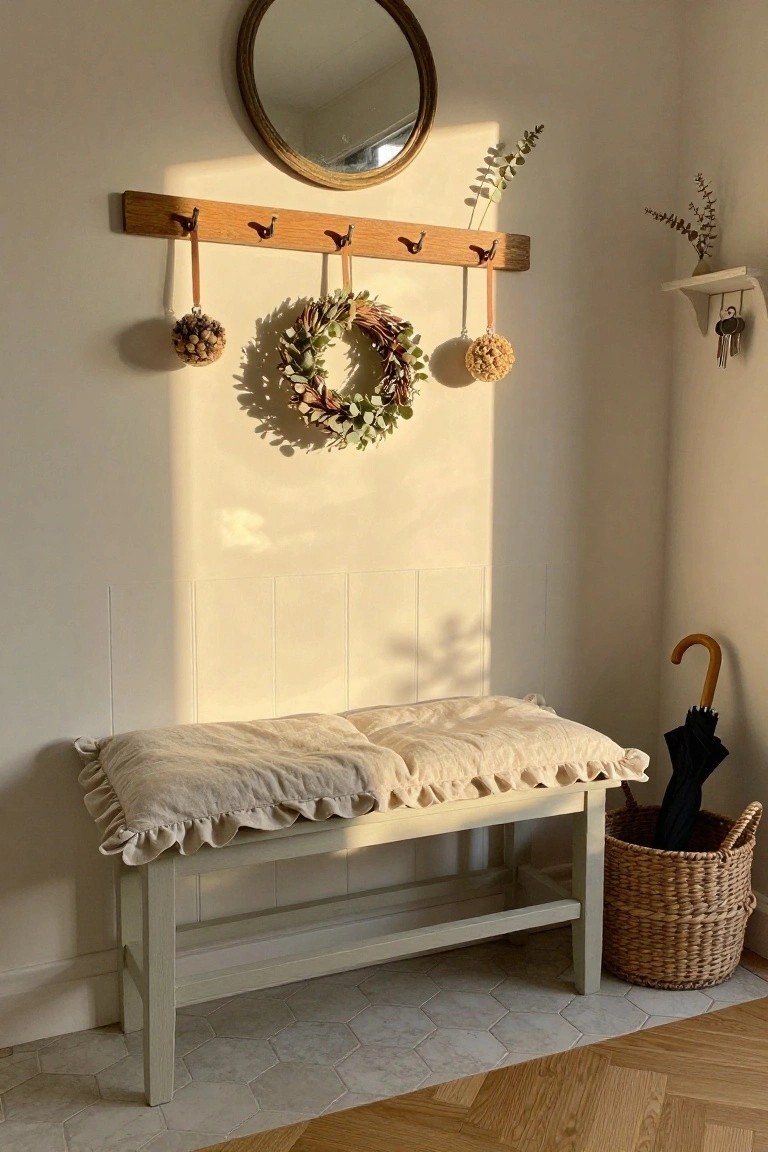 Entryway corner with round mirror, wooden coat hook rail holding dried flower wreath and two pomanders, pale green bench with linen cushion, black umbrella in wicker basket, hex tile floor adjacent to herringbone wood parquet.