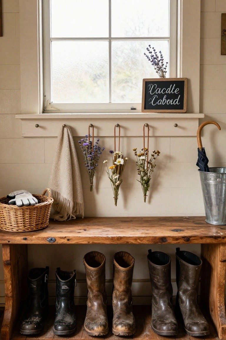 Entryway with wooden bench holding black rubber boots, brown leather boots, and work boots, dried lavender and wildflower bunches suspended from hooks on a white shelf above the bench, beige towel draped nearby, wicker basket with work gloves, black umbrella in metal bucket, and window with frosted glass and lavender sign.