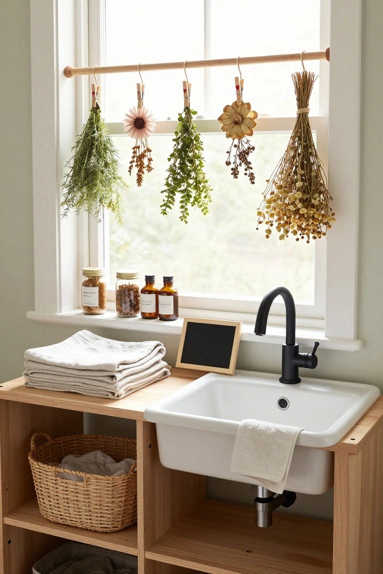 Kitchen sink area with white porcelain sink on wooden cabinet, black faucet, stacked linens, basket of laundry, jars on windowsill, and dried herbs, flowers, and wheat hanging from wooden clothespins on a horizontal oak rod above the window.