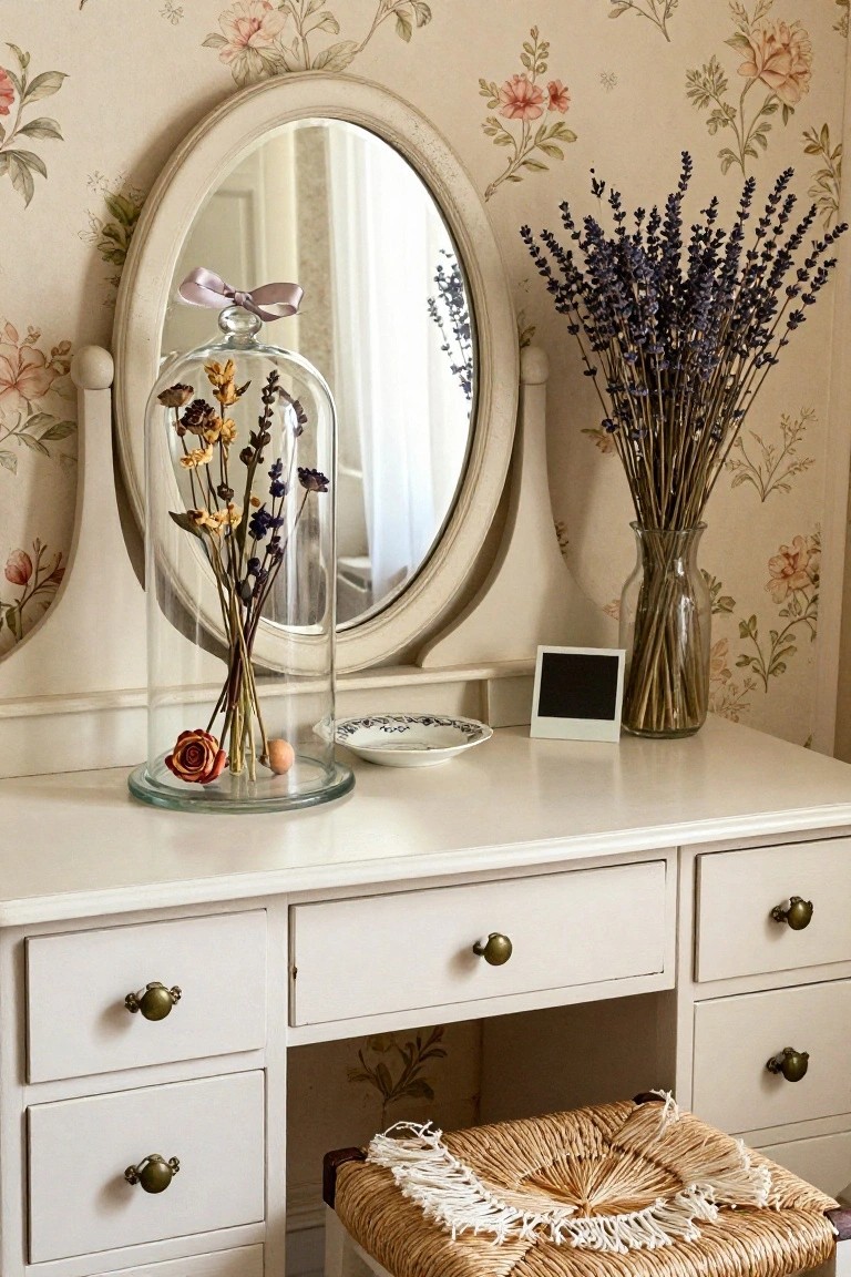 White vanity table with oval mirror, glass dome containing dried flowers and stems, vase of lavender branches, small white frame, and saucer, set against beige floral wallpaper with a woven stool nearby.