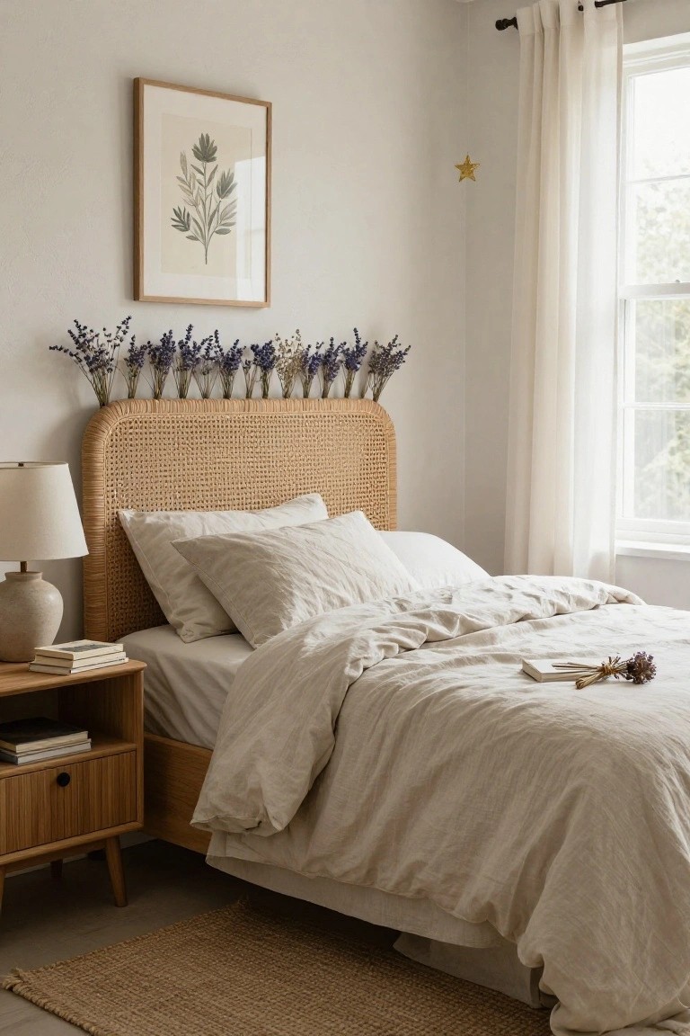 A bedroom featuring a curved rattan headboard decorated with multiple bundles of dried lavender, white and beige linen bedding on the bed, a wooden nightstand with books and a lamp, sheer curtains on a window, and a seagrass rug on the floor.