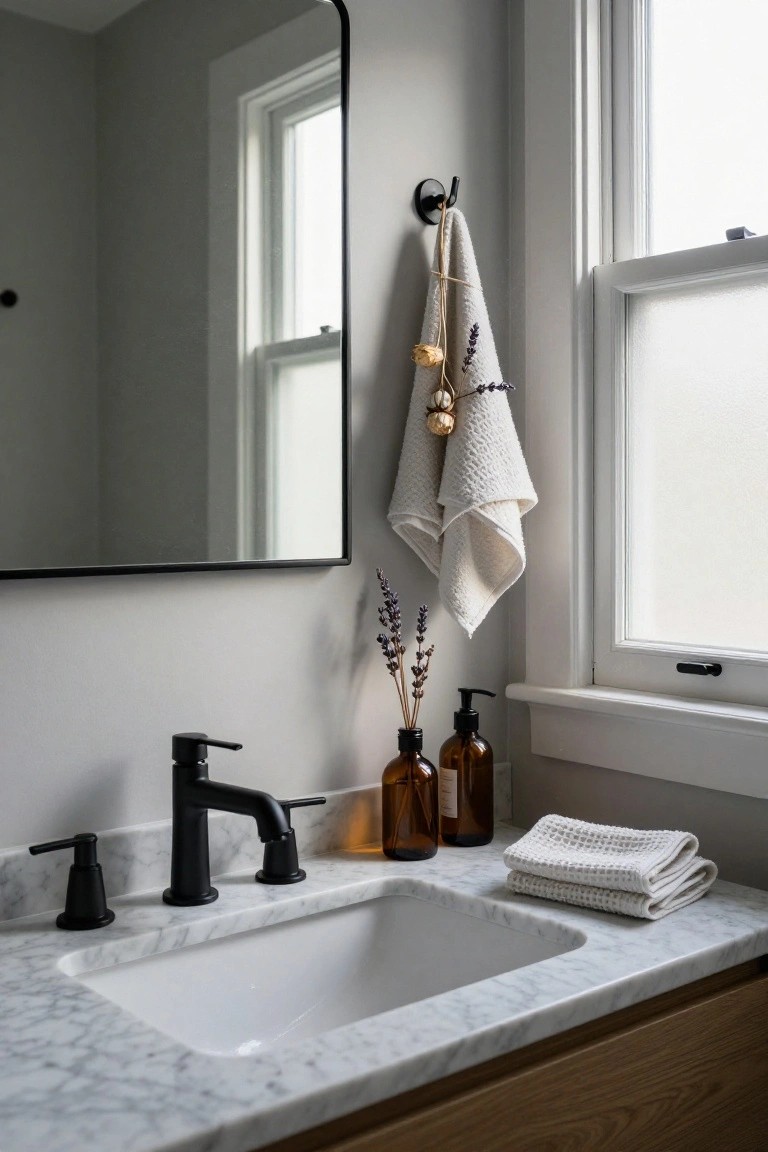Bathroom vanity with white marble sink and black faucet, flanked by glass bottles and folded white towels, a white towel with dried lavender bundle hanging from black hook next to a window, round black-framed mirror above.