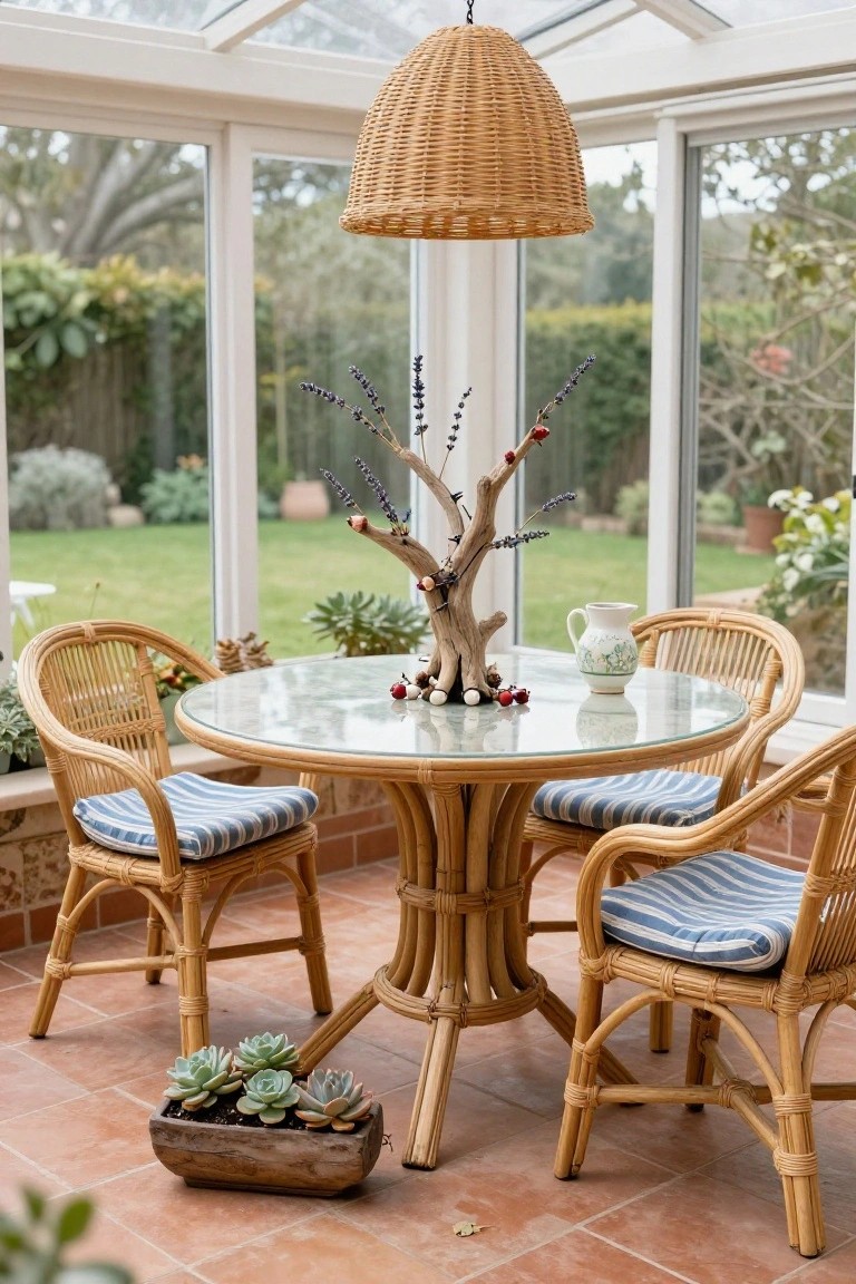 Sunroom with round glass-topped rattan table centered on terracotta tiles, featuring driftwood sculpture with dried lavender stems and red berries, flanked by wicker chairs with blue cushions, plants nearby, and garden views through glass walls.
