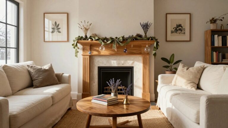 Cozy living room interior with cream sofa, wooden coffee table holding books and a bell, potted plant, and fireplace mantel decorated with green ribbon garland, dried wheat bundles, and hanging clear glass ornaments, plus dried lavender arrangements on sofa and table, viewed through a snowy window.