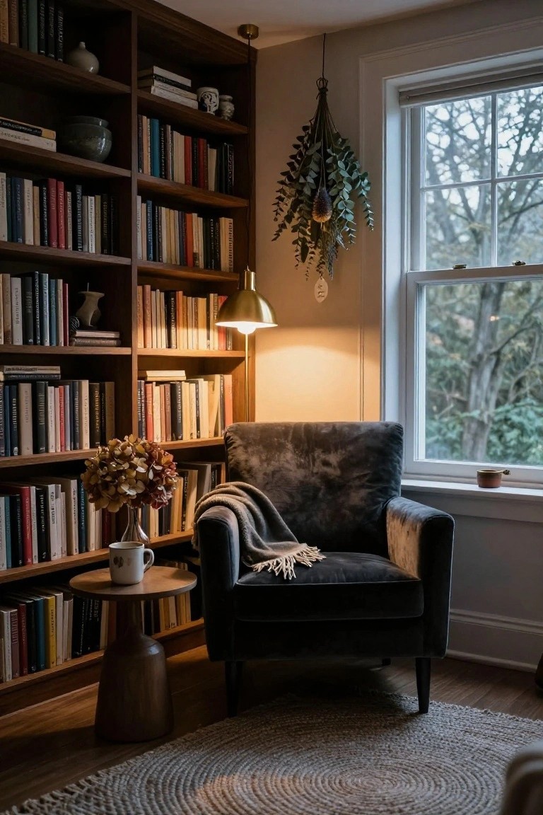 Wooden bookshelves filled with books surround a gray velvet armchair with a throw blanket and side table holding a mug and dried hydrangea bouquet, with a brass floor lamp, hanging dried eucalyptus bundle, and window showing trees outside.