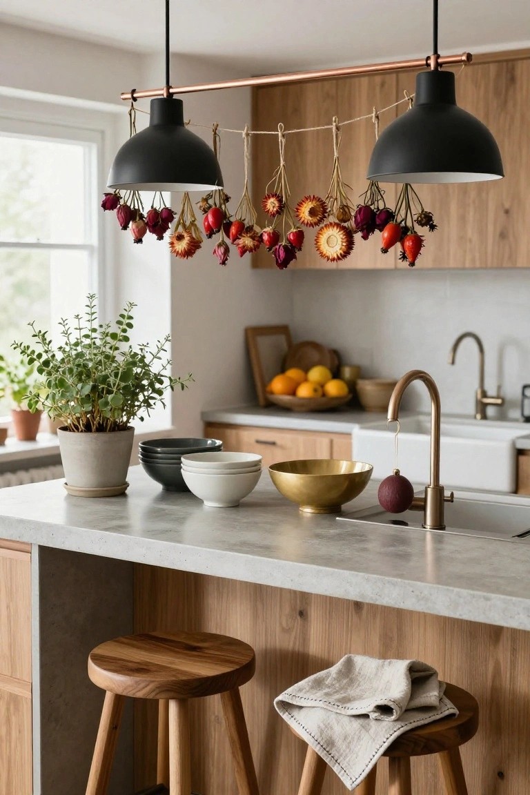 Kitchen island with gray countertop, wooden bar stools, stacked ceramic bowls, brass bowl, potted herb plant, and farmhouse sink; two black pendant lights on copper bar with hanging dried flowers, berries, and purple ornament above.