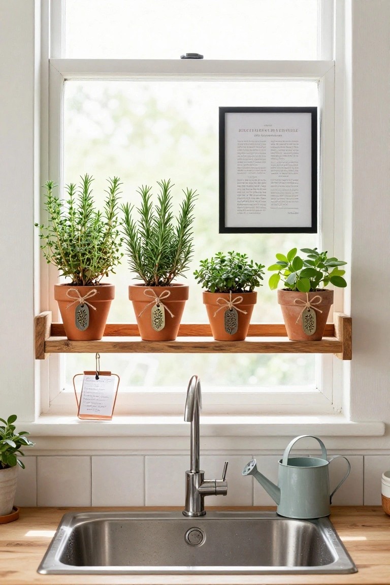 Wooden shelf above a kitchen sink window holding four terracotta pots of herbs including rosemary, thyme, and basil, with a watering can on the counter nearby