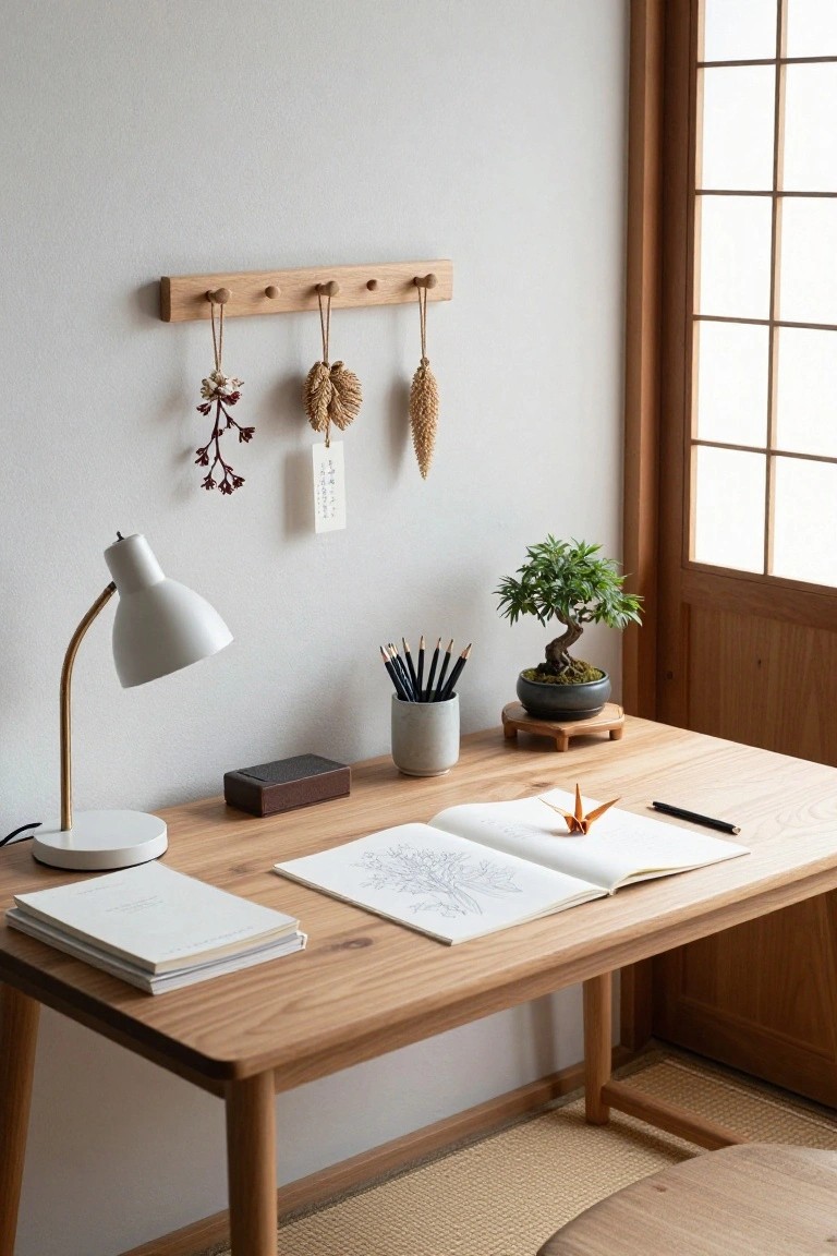 Wooden desk setup in a light room with white walls, shoji window, bonsai plant, white lamp, pencils in a mug, open sketchbook with drawing and origami crane, and dried flowers, grasses, and paper tag hanging from wooden peg rail on the wall.