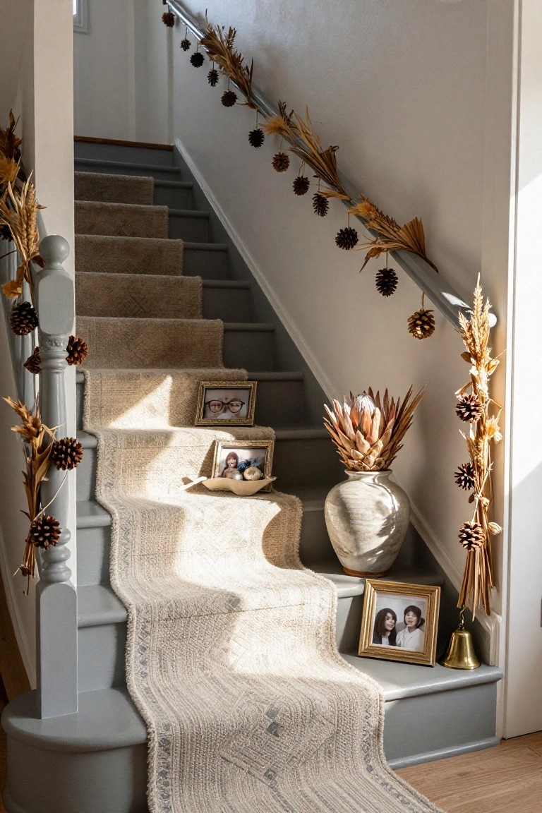 Carpeted staircase with gray painted wood and banister decorated by hanging pinecones, dried wheat stalks, and grasses, plus small framed photos, a vase, and bell on the lower steps.