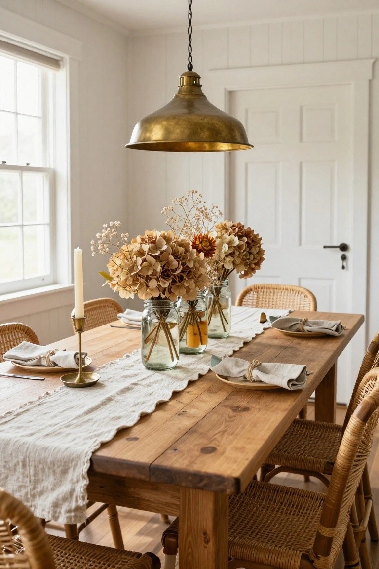 Wooden dining table topped with a white linen runner holding glass jars of dried beige hydrangeas and baby's breath, brass candlesticks with white candles, plates with linen napkins tied in twine, rattan chairs around it, brass pendant light overhead, white paneled room with window and door.