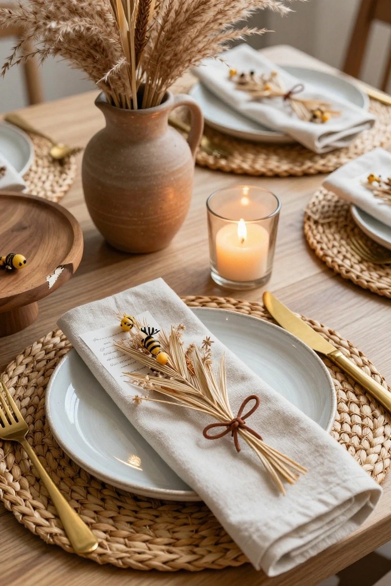 Dining table place setting featuring a white linen napkin wrapped with dried wheat stalks and small bee ornaments tied by a brown ribbon bow, placed on a white plate with gold fork and knife on a woven seagrass placemat, near a terracotta vase of pampas grass and a lit candle.