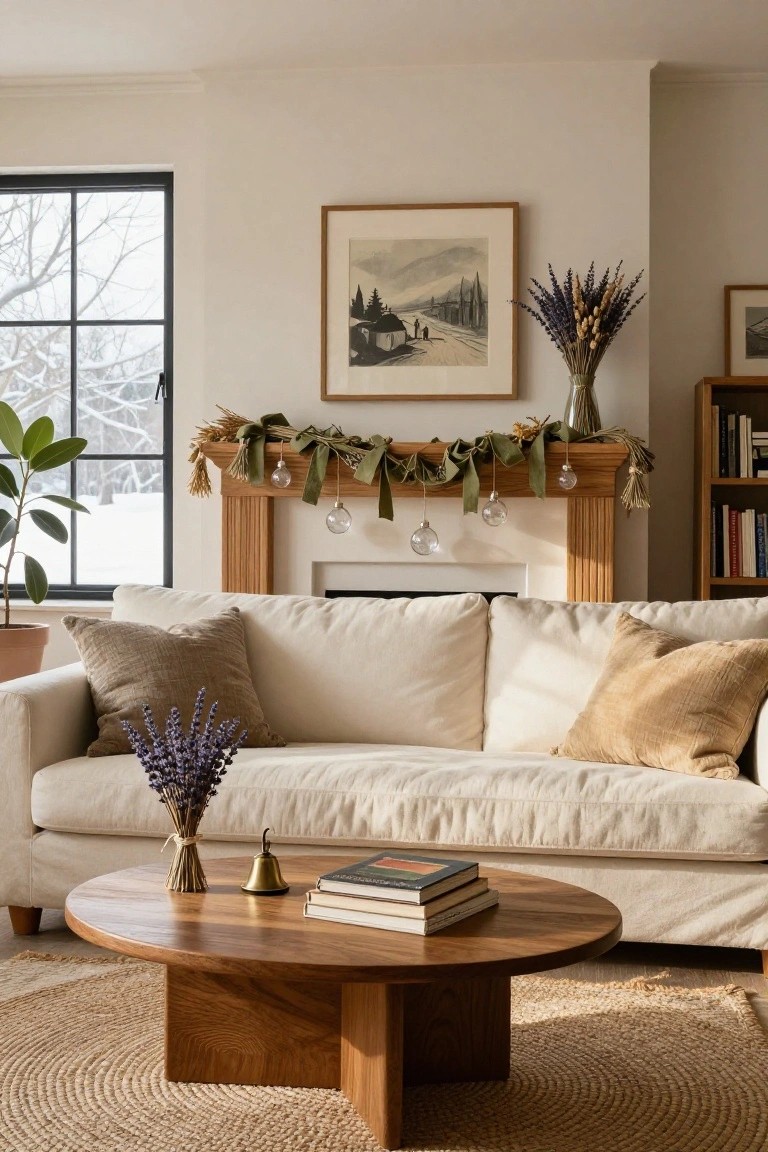 Cozy living room interior with cream sofa, wooden coffee table holding books and a bell, potted plant, and fireplace mantel decorated with green ribbon garland, dried wheat bundles, and hanging clear glass ornaments, plus dried lavender arrangements on sofa and table, viewed through a snowy window.