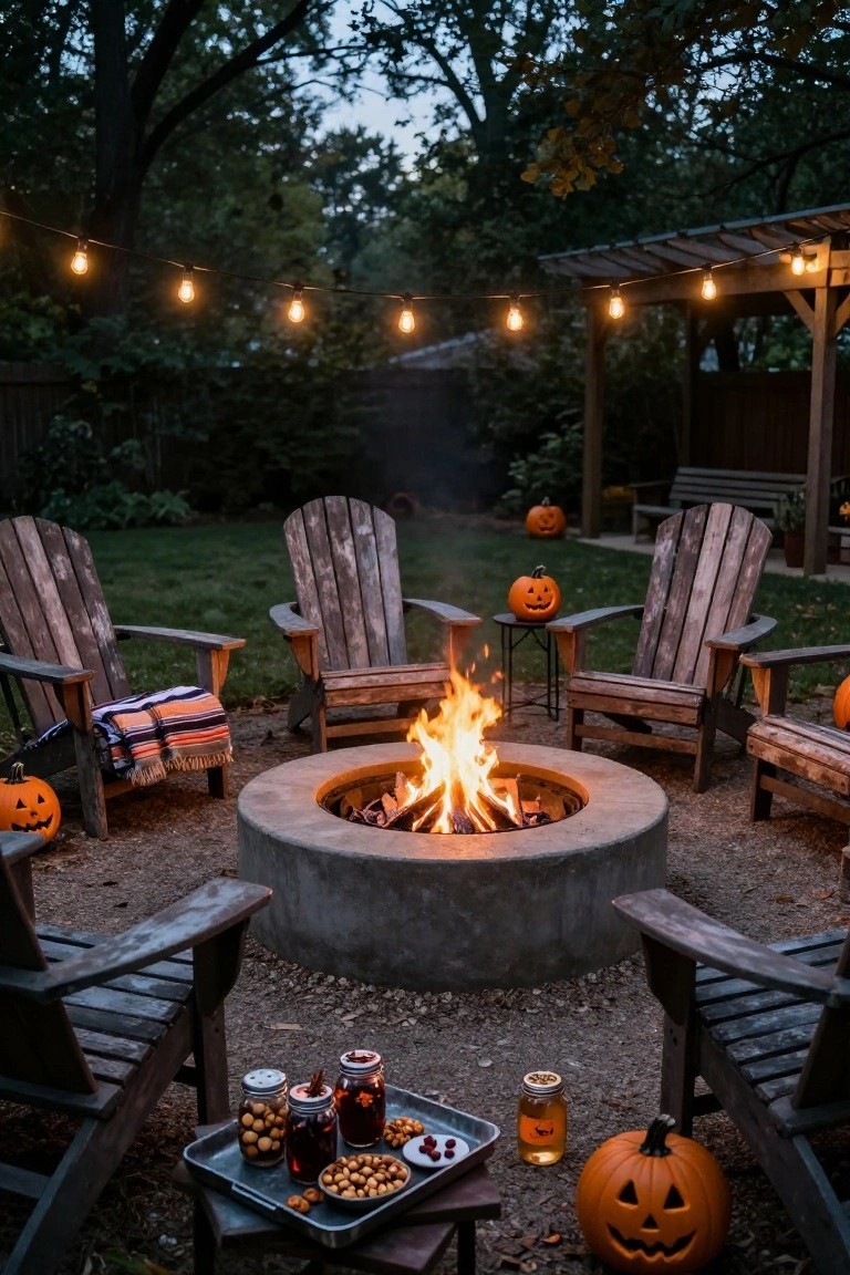 Backyard fire pit area at dusk with flames in a round concrete pit, surrounded by wooden Adirondack chairs, Halloween pumpkins, string lights on a pergola, and snacks on a metal tray.
