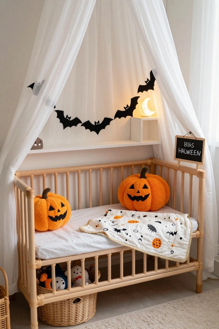 Wooden crib in a nursery decorated for Halloween with two large orange plush pumpkins inside, white canopy with black bat garlands, Halloween-patterned white bedding, toys in a basket below, and a chalkboard sign reading 