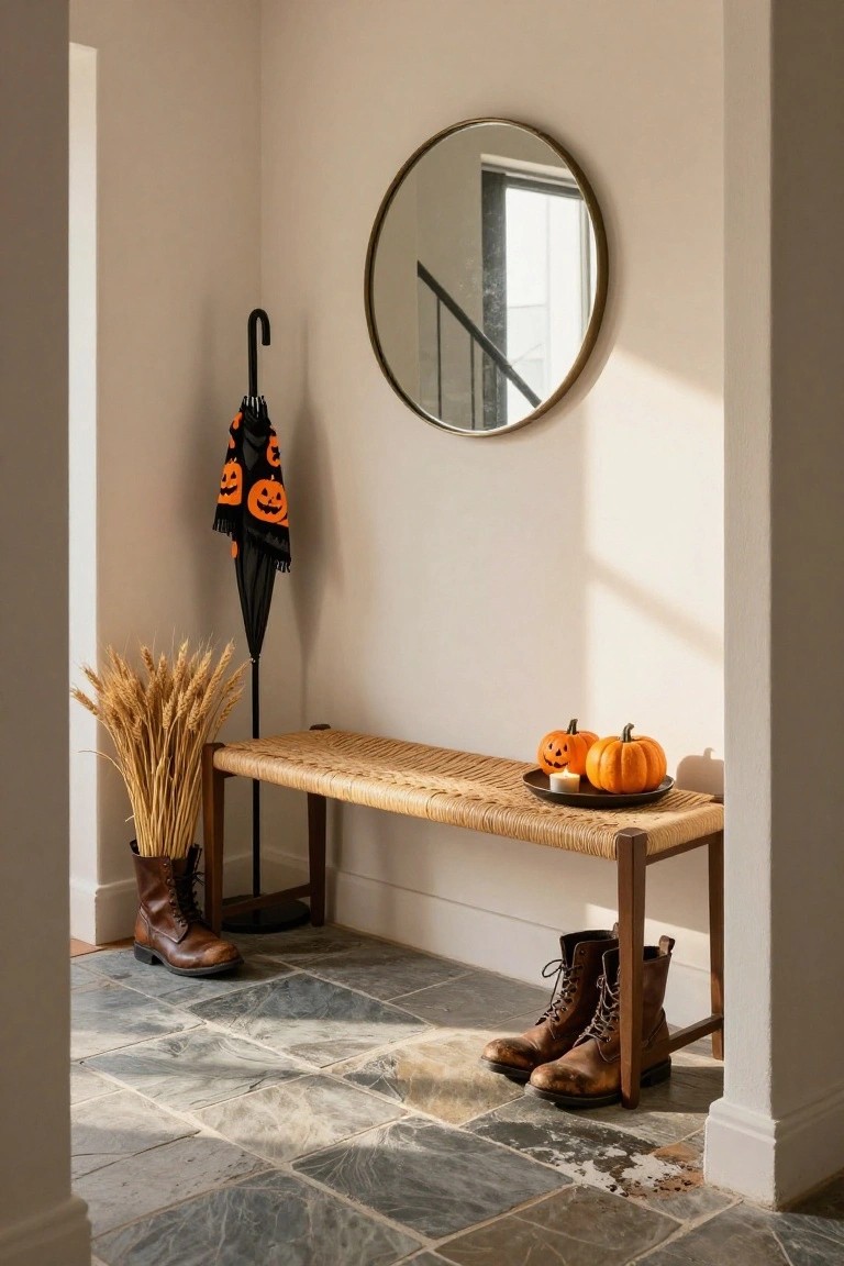 Entryway corner featuring a woven wood bench with two small orange jack-o-lantern pumpkins and a lit candle on a black plate, a bundle of wheat stalks, black Halloween umbrella stand with brown leather boots, round brass mirror on beige wall, and slate tile floor.
