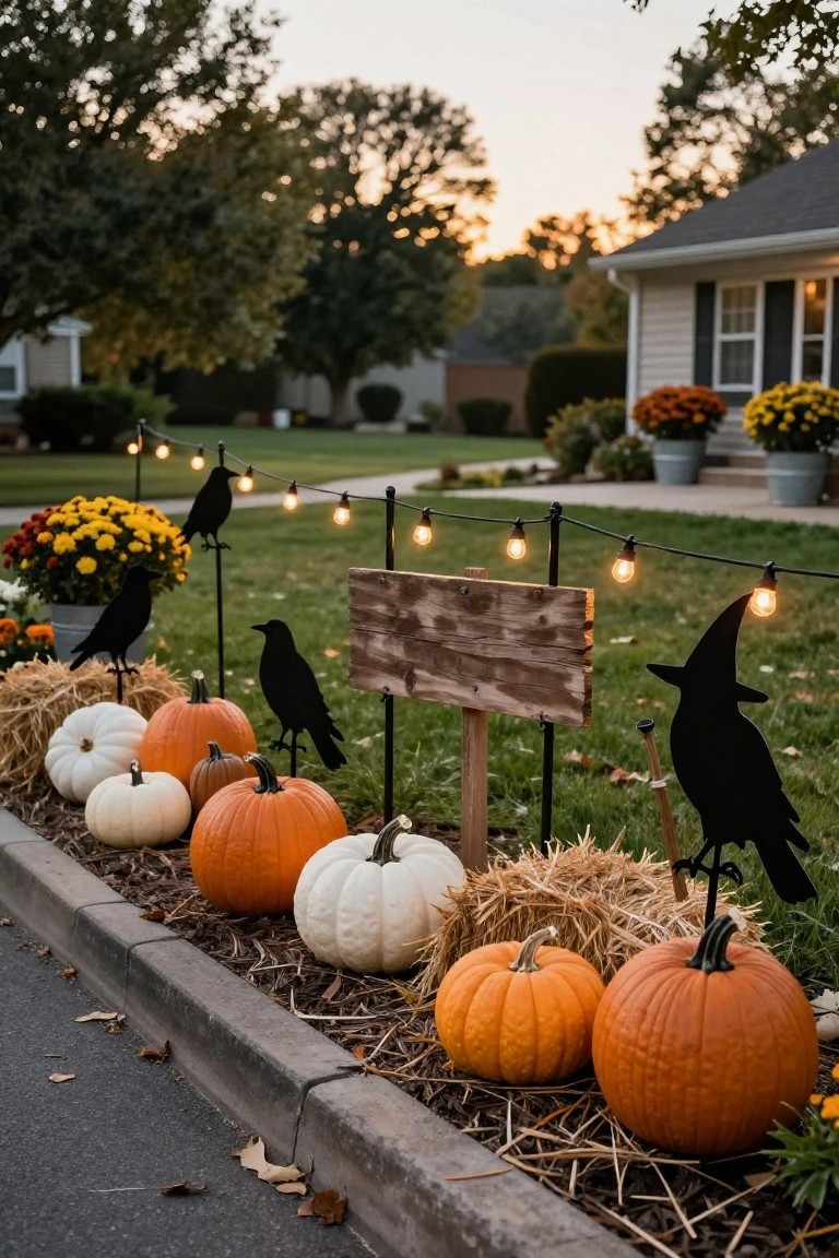 Front yard Halloween setup along the curb with hay bales, white and orange pumpkins, black metal crow silhouettes on stakes, a wooden sign, string lights overhead, and a house in the background at dusk.