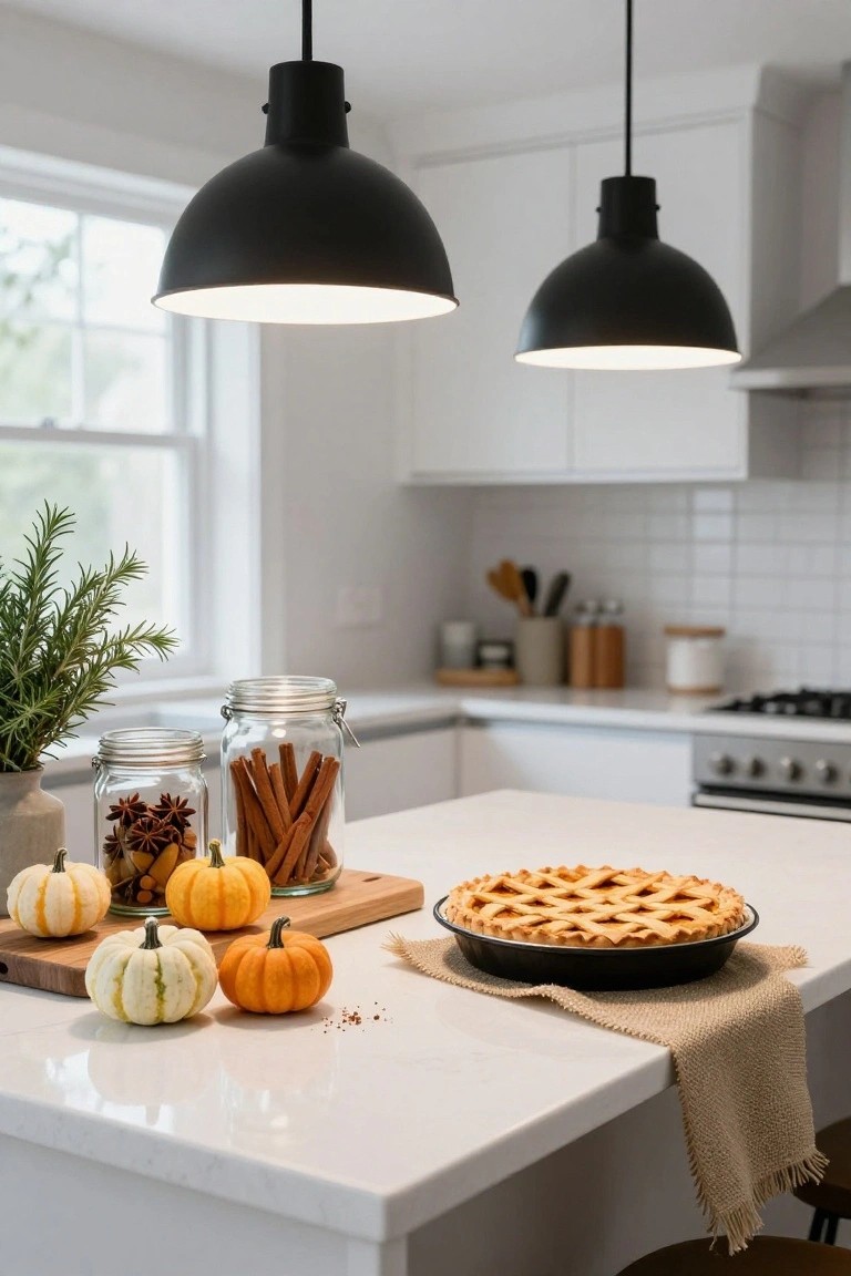 White kitchen island with lattice-top pumpkin pie in black pan on wooden board and burlap runner, surrounded by small pumpkins, jars of star anise and cinnamon sticks, and rosemary sprig, under two black pendant lights.