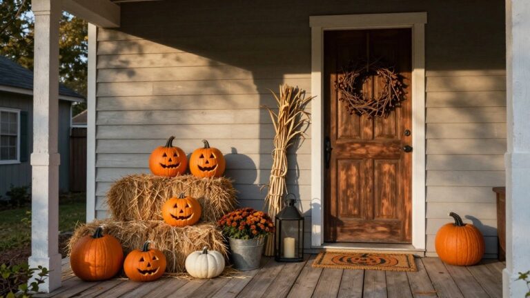 Front porch of a gray house with wooden door, grapevine wreath, stacked hay bales topped with carved orange pumpkins, a white pumpkin, black lantern with candle, cornstalks, mum flowers in metal bucket, and sisal doormat.