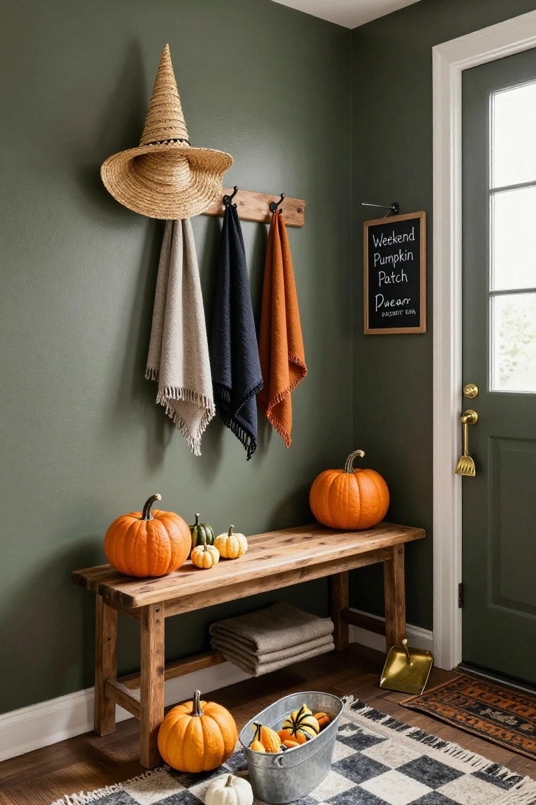 Sage green entryway corner with wooden bench holding orange pumpkins, wall hooks displaying straw witch hat and hanging gray, navy, and orange towels or scarves, chalkboard sign reading Weekend Pumpkin Patch Dream, galvanized bucket of pumpkins on black-and-white checkered rug near dark green door.
