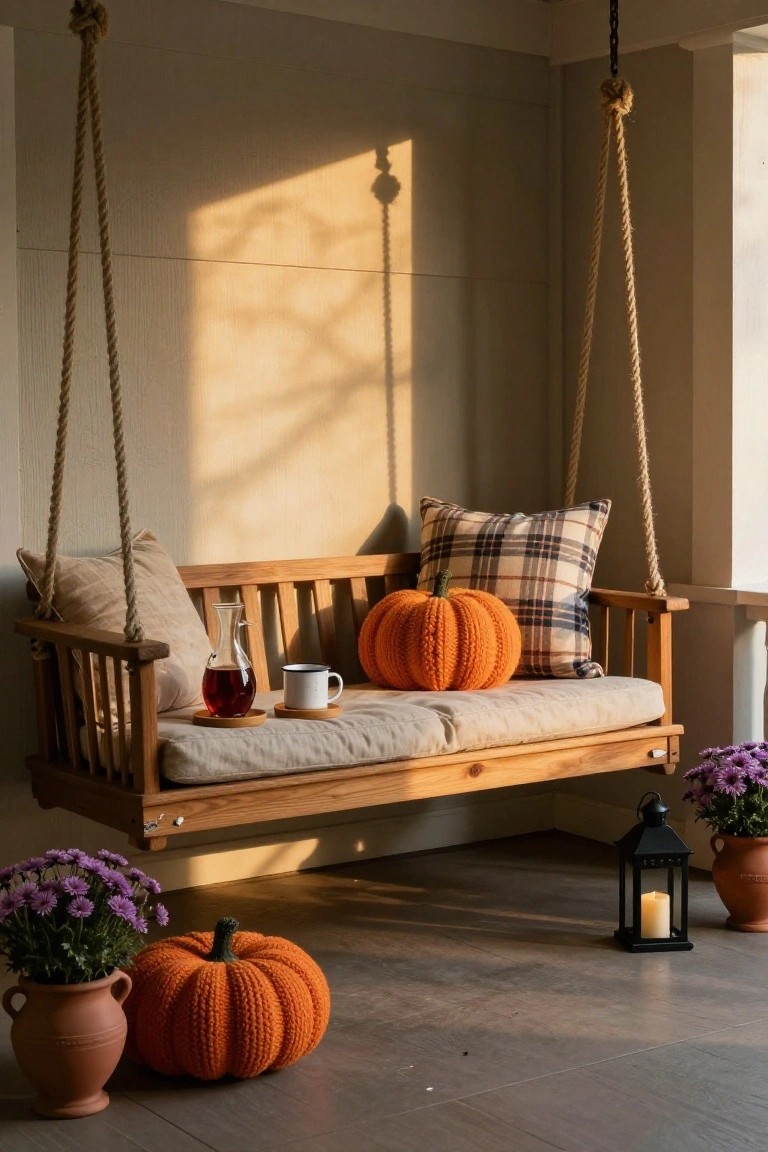 Knitted Pumpkins on the Porch Swing