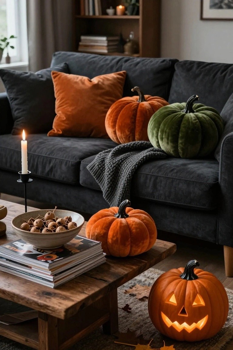 A dark gray velvet sofa in a living room piled with orange, green, and classic velvet pumpkins, orange throw pillows, a knitted gray blanket, a lit candle on a black stand, a bowl of nuts, stacked magazines, and a carved lit jack-o-lantern pumpkin on a wooden coffee table with scattered leaves.