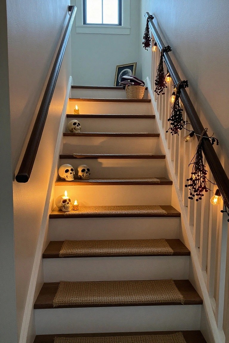 Wooden staircase indoors decorated for Halloween with white plastic skulls placed on steps, flickering candles, string lights with berry garlands draped along the dark wood railing, and seagrass stair runners.