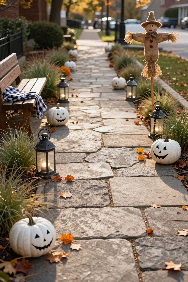 Stone walkway lined with white jack-o-lantern pumpkins, black metal lanterns, ornamental grasses, and fall leaves, featuring a wooden bench with plaid blanket and a scarecrow near houses in autumn.