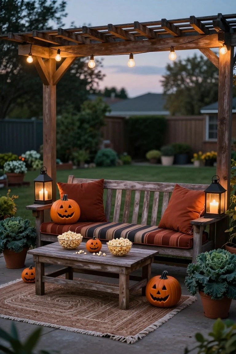 Wooden pergola with string lights over a cushioned bench and low table in a backyard, decorated with carved pumpkins, lanterns, and popcorn bowls at dusk.