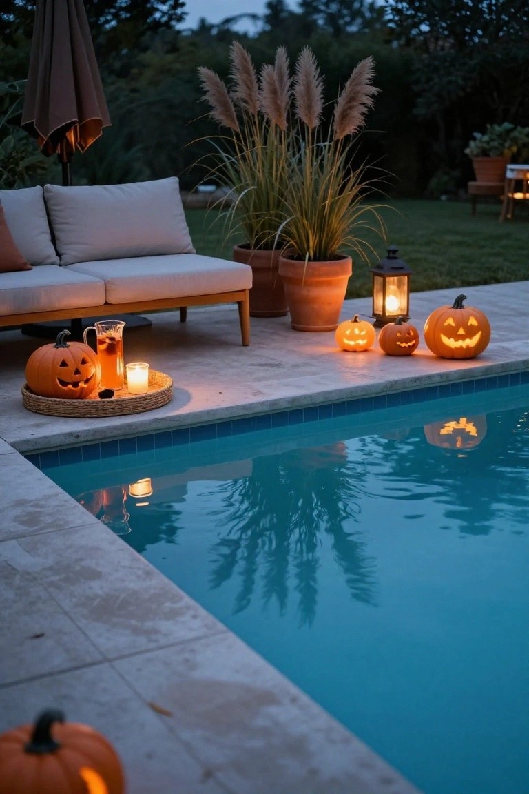 Backyard pool at dusk with lit carved pumpkins on tiled patio edge, small pumpkins and lanterns nearby, beige outdoor sofa, potted pampas grass, and a glass pitcher with candle on a tray.