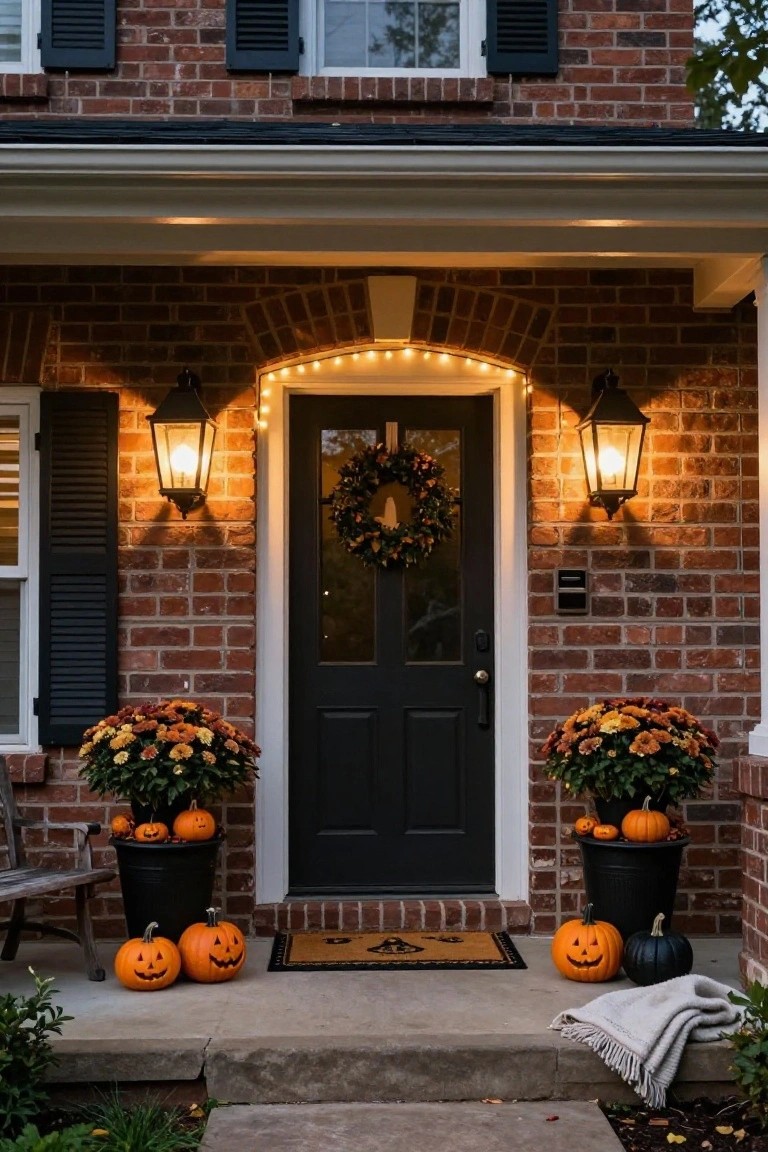 Brick house front porch at dusk decorated for Halloween with black door bearing orange wreath, flanked by lit black lanterns and large black pots of orange flowers with pumpkins, string lights arching over door, small carved pumpkins on concrete steps, and black-and-orange doormat.