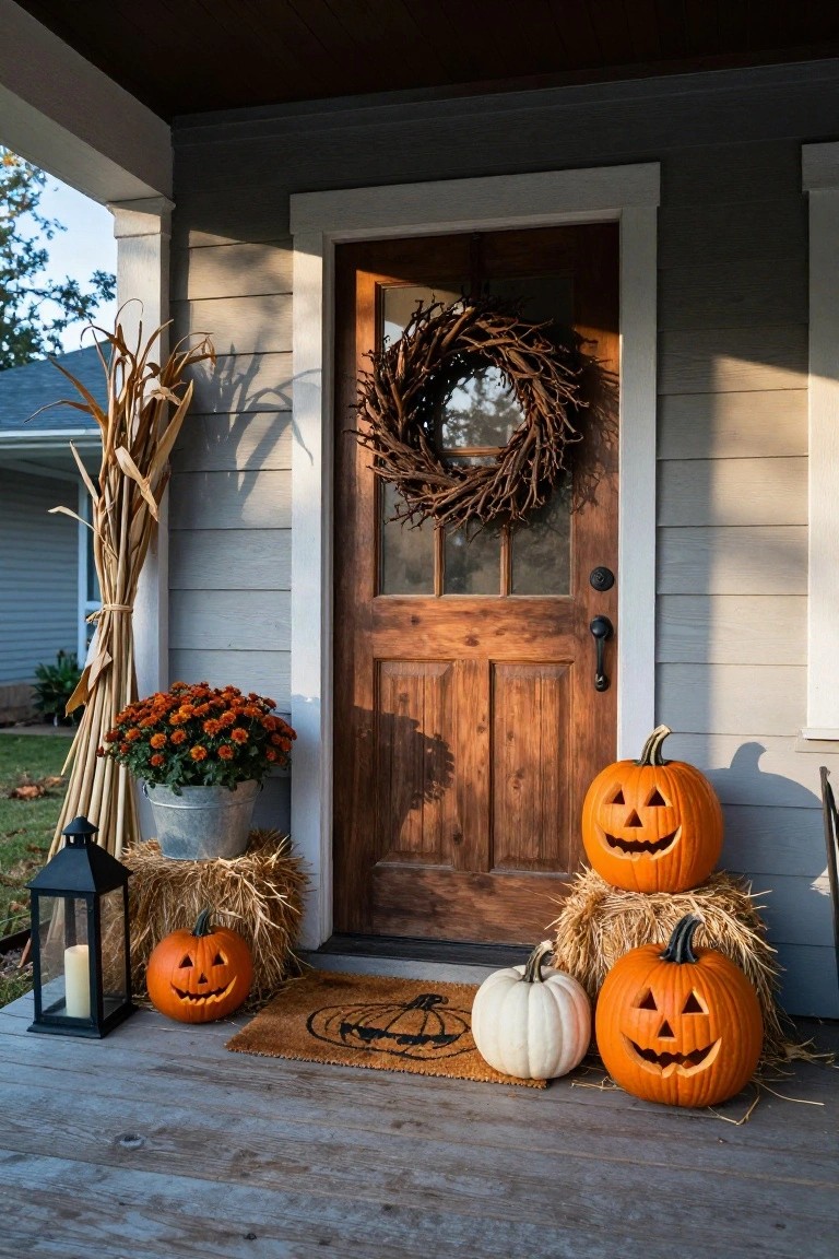 Front porch of a gray house with wooden door, grapevine wreath, stacked hay bales topped with carved orange pumpkins, a white pumpkin, black lantern with candle, cornstalks, mum flowers in metal bucket, and sisal doormat.