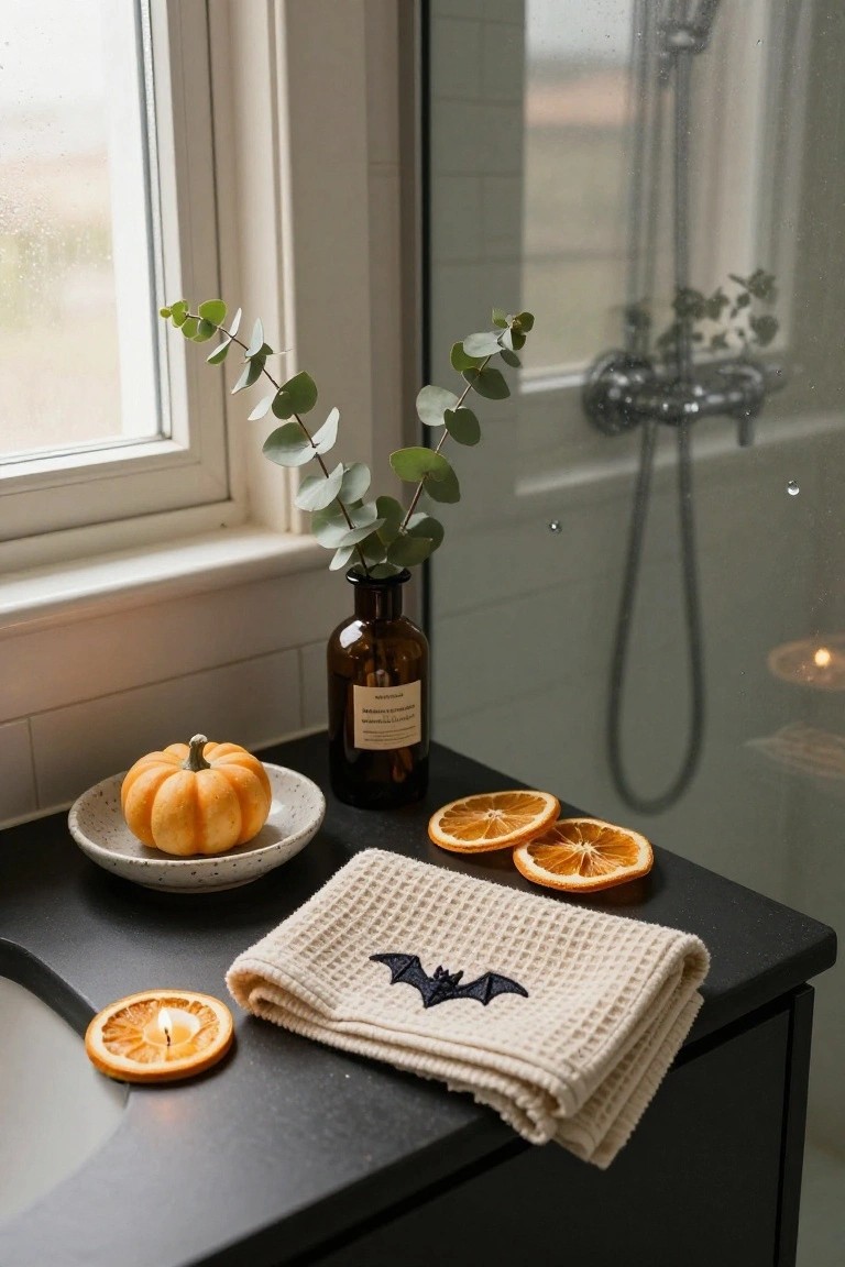 Bathroom vanity countertop with a small orange pumpkin on a white plate, dried orange slices including one lit as a candle, a folded beige towel embroidered with a black bat, eucalyptus branches in a brown glass bottle, next to a white sink and mirror.