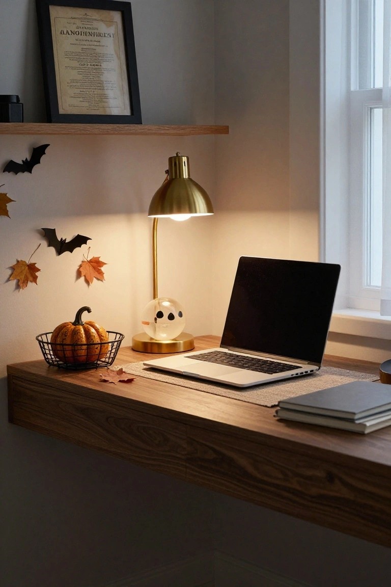 A floating wooden desk in a light room holds an open MacBook laptop, gold desk lamp, small orange pumpkin in wire basket, clear ghost orb, notebooks, and scattered fall leaves, with paper bats and red maple leaves on the wall above and a framed antique document nearby.
