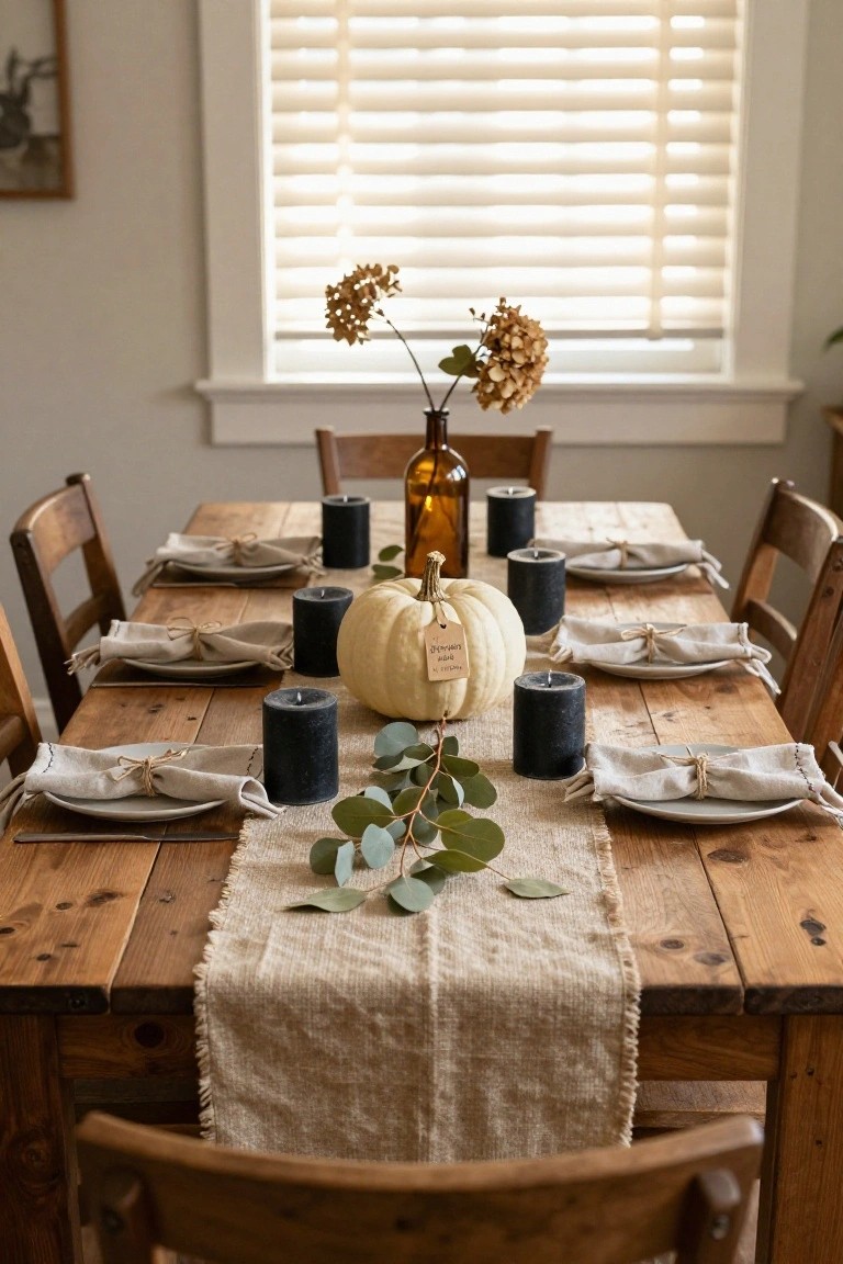 Wooden dining table set for Halloween with beige burlap runner, eucalyptus leaves, black pillar candles, white pumpkin centerpiece, linen napkins tied with twine, white plates, and wooden chairs in a light-filled room.