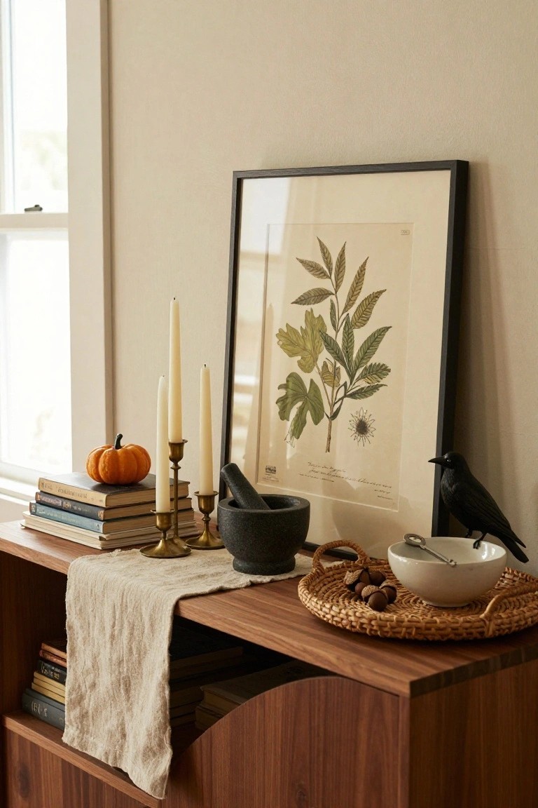 Wooden sideboard with beige linen runner holding small orange pumpkin, brass candlesticks with white taper candles, black stone pestle and mortar, woven basket of acorns, white bowl with spoon, black raven figurine, stacks of books, and large framed botanical print of green plant with berries on beige wall beside window.