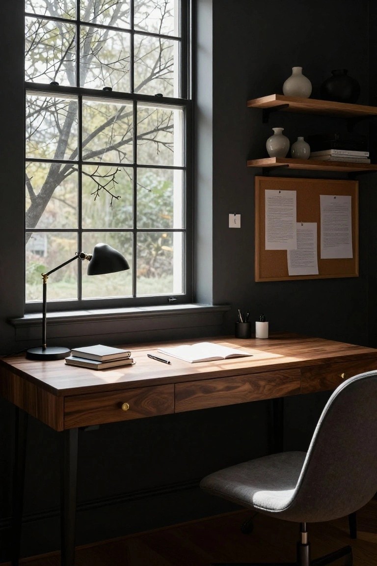 Dark-walled home office with wooden desk, open notebook, task lamp, shelves with ceramics, corkboard, and large multi-pane window showing bare trees outside.