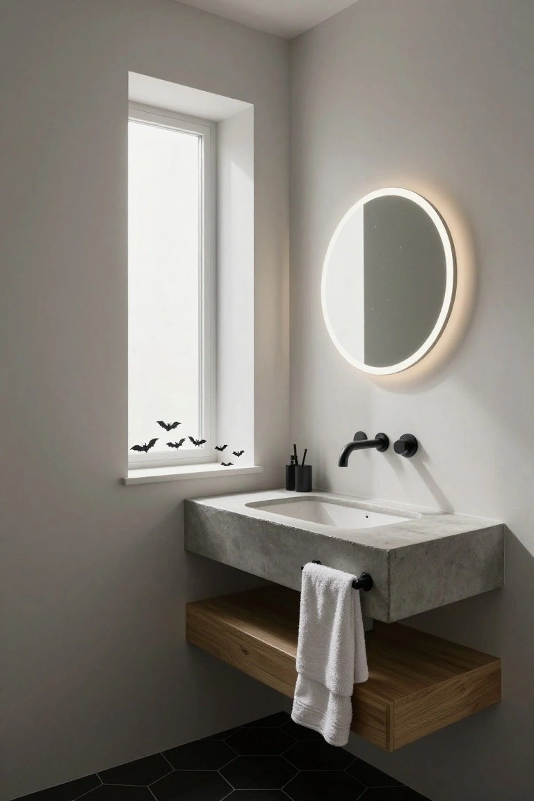 Modern bathroom interior with gray walls, floating concrete sink and wooden shelf, black faucet and hexagonal floor tiles, round backlit mirror, and clusters of black bat silhouettes stuck to the adjacent window.