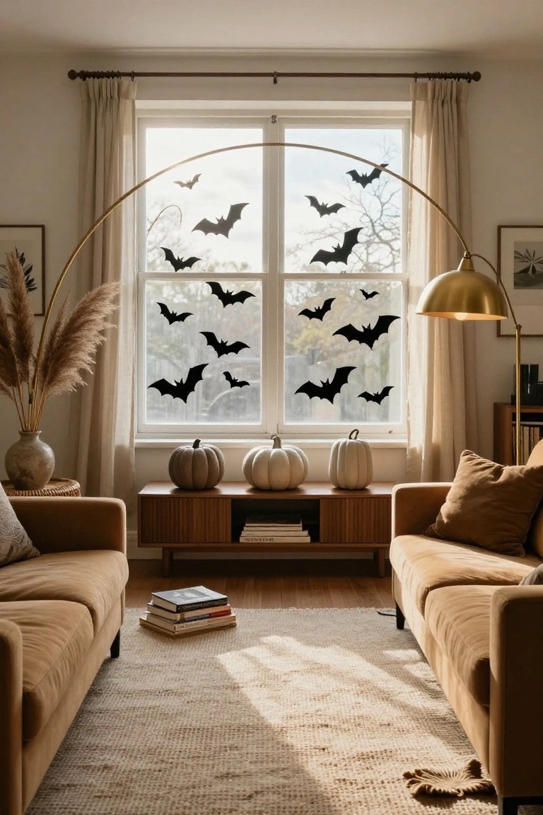 Cozy living room with two tan sofas flanking a wooden console table holding three white pumpkins, tall pampas grass in a vase, gold arched floor lamp, and many black bat silhouettes applied to the large multi-pane window.