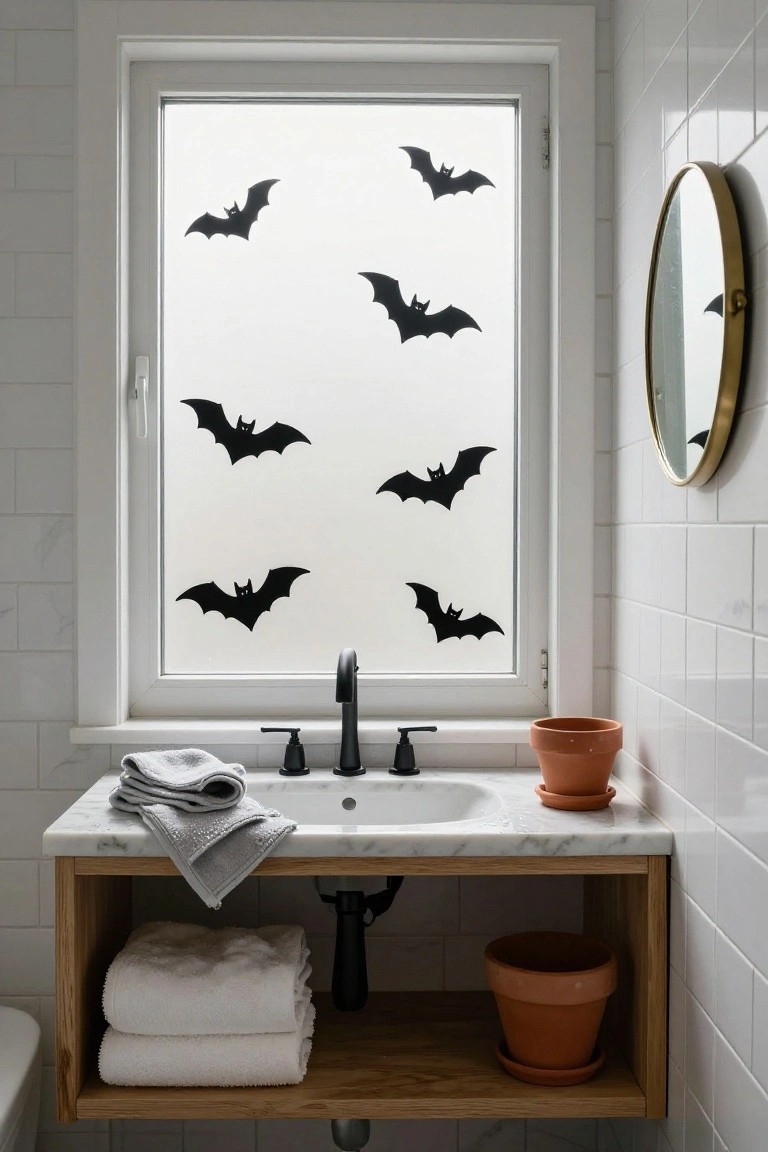 Bathroom with frosted window covered in black bat silhouettes, white marble sink on wood vanity holding folded towels, gold round mirror on white tiled wall, and two terracotta pots.