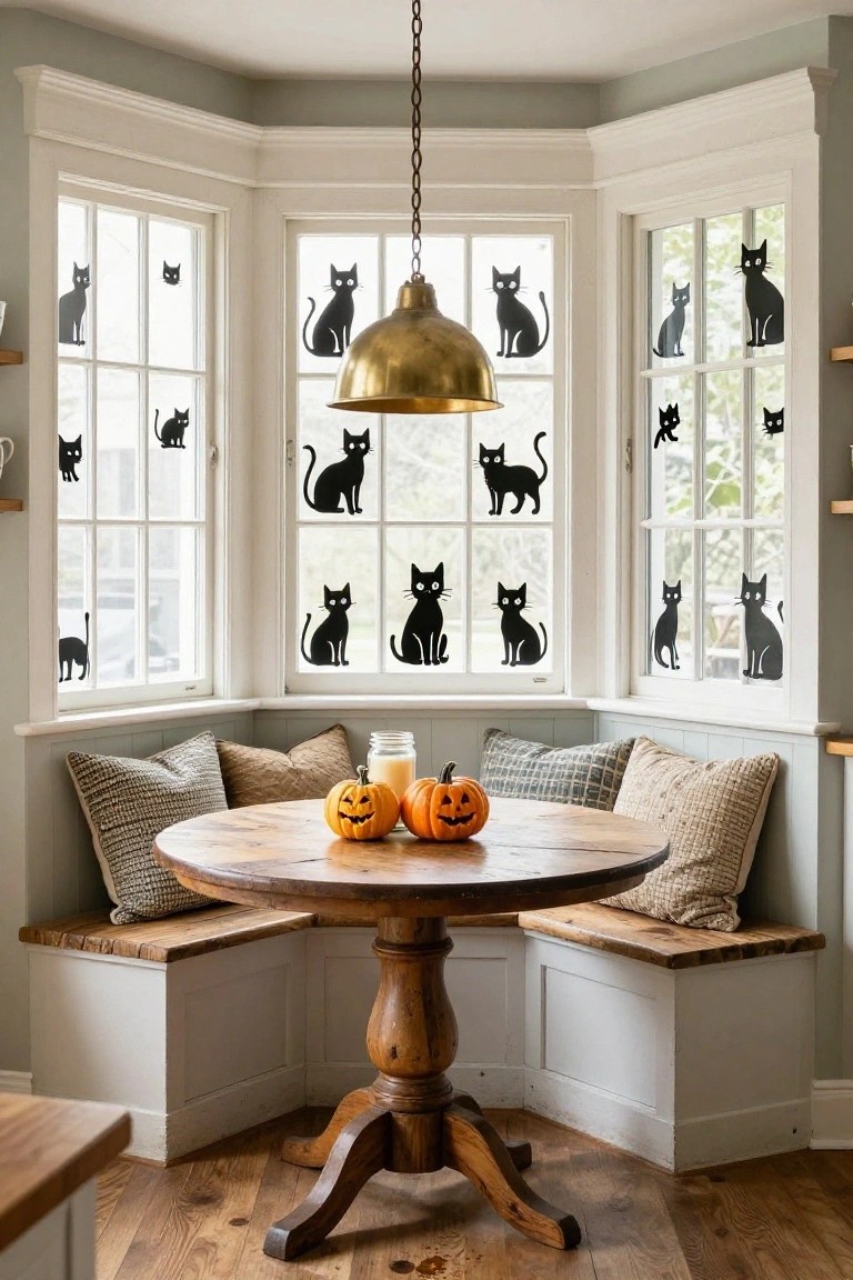 Bay window in a light-colored kitchen nook with numerous black cat silhouette decals on the glass, two small carved pumpkins and a candle jar on a round wooden table, bench cushions and wood floors visible.