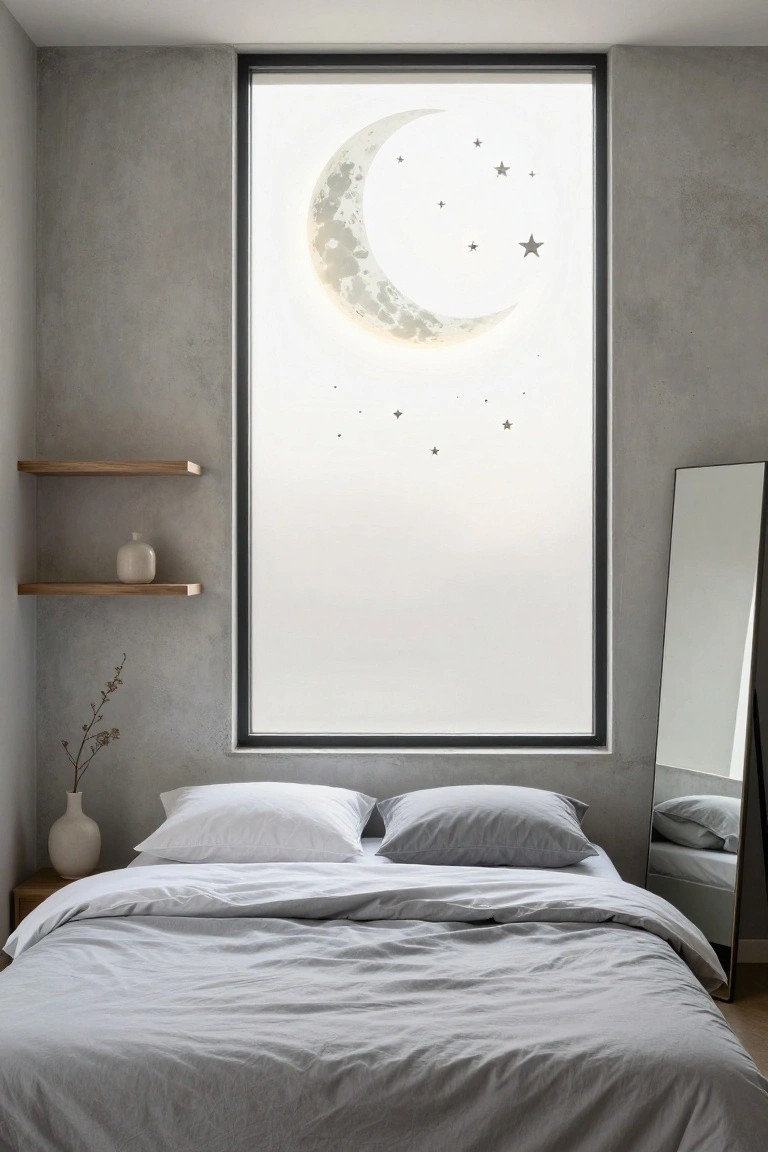 Modern bedroom interior with gray concrete walls, a made bed with white and light gray linens, floating wooden shelves holding a white vase and dried branches, a full-length mirror, and a tall frosted window with a large white crescent moon and star decals.