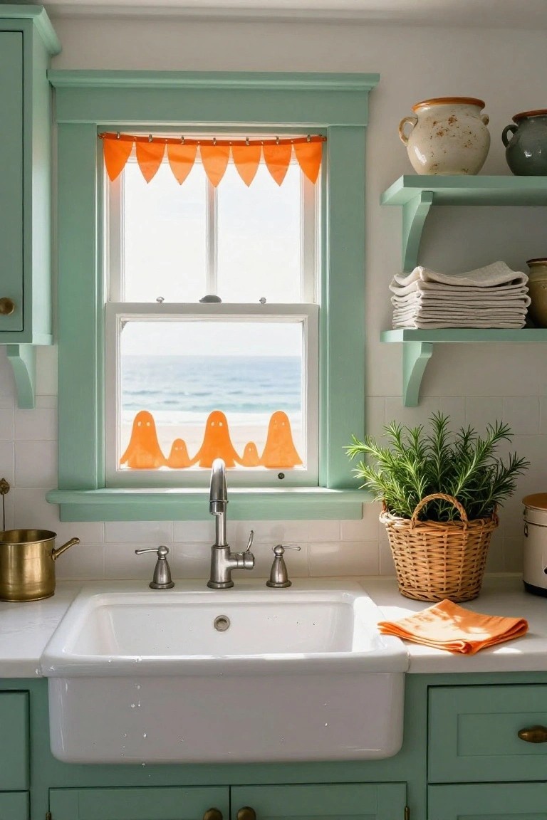 Kitchen with mint green cabinets and white farmhouse sink, featuring orange ghost cutouts adhered to the window glass overlooking the ocean, orange bunting draped above the window, and potted rosemary plant nearby.